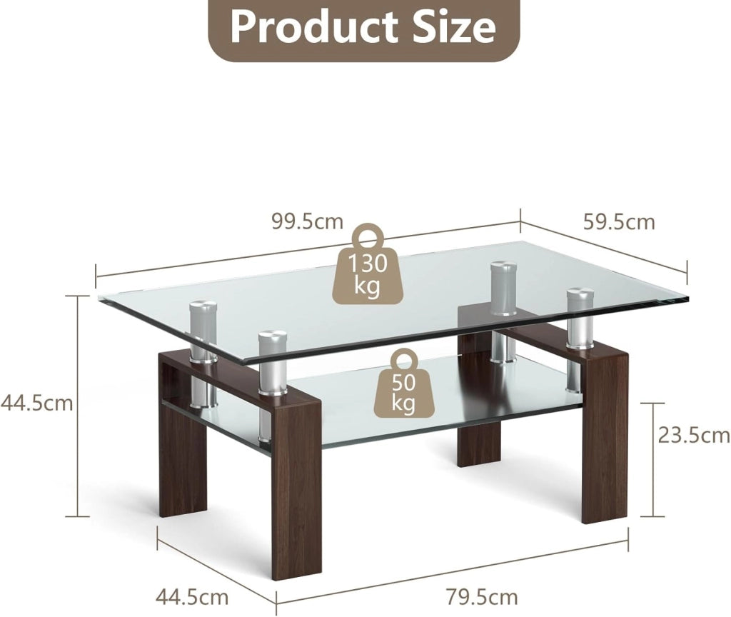 Tavolino da caffè rettangolare in vetro, moderno, tavolino da tè a 2 livelli, tavolino lungo con gambe in metallo, tavolo in vetro per soggiorno, ufficio, 99,5 x 59,5 x 44,5 cm
