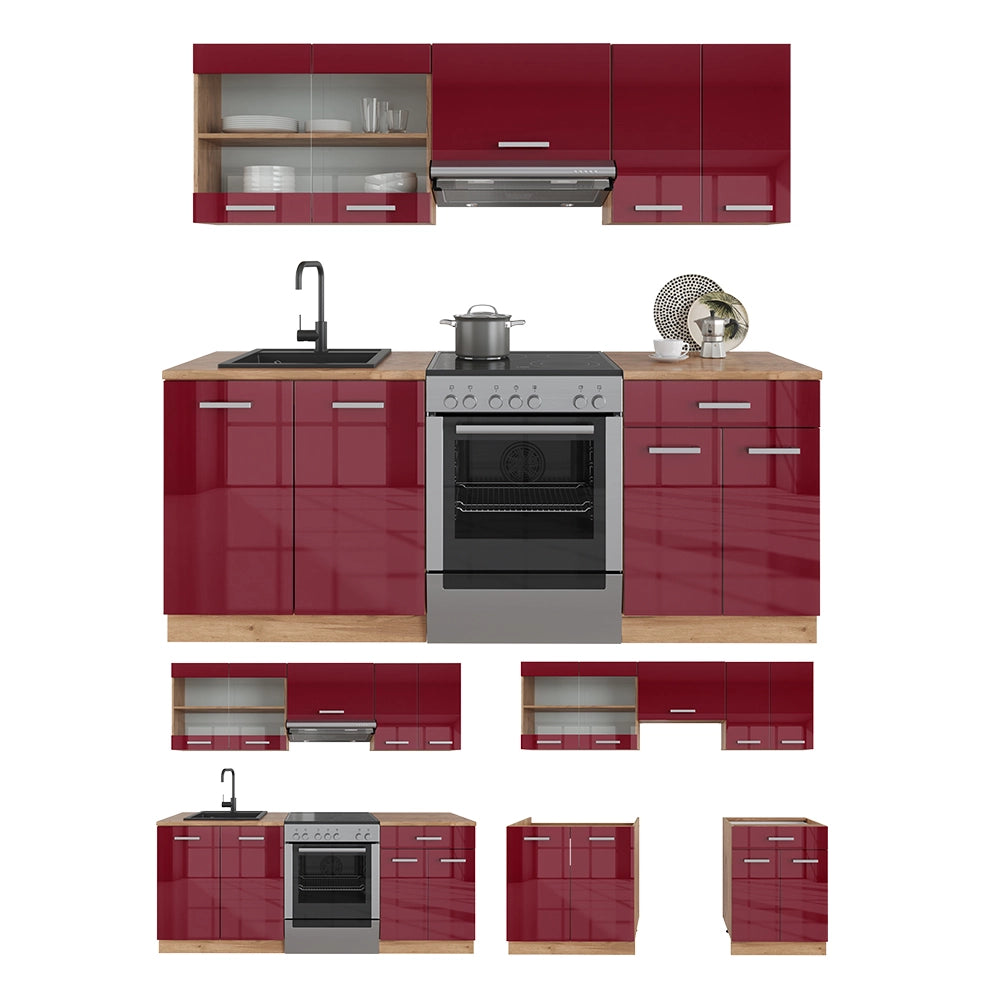 Vicco Cucina componibile Rosso lucido/rovere dorato 200 cm , PL Marmo