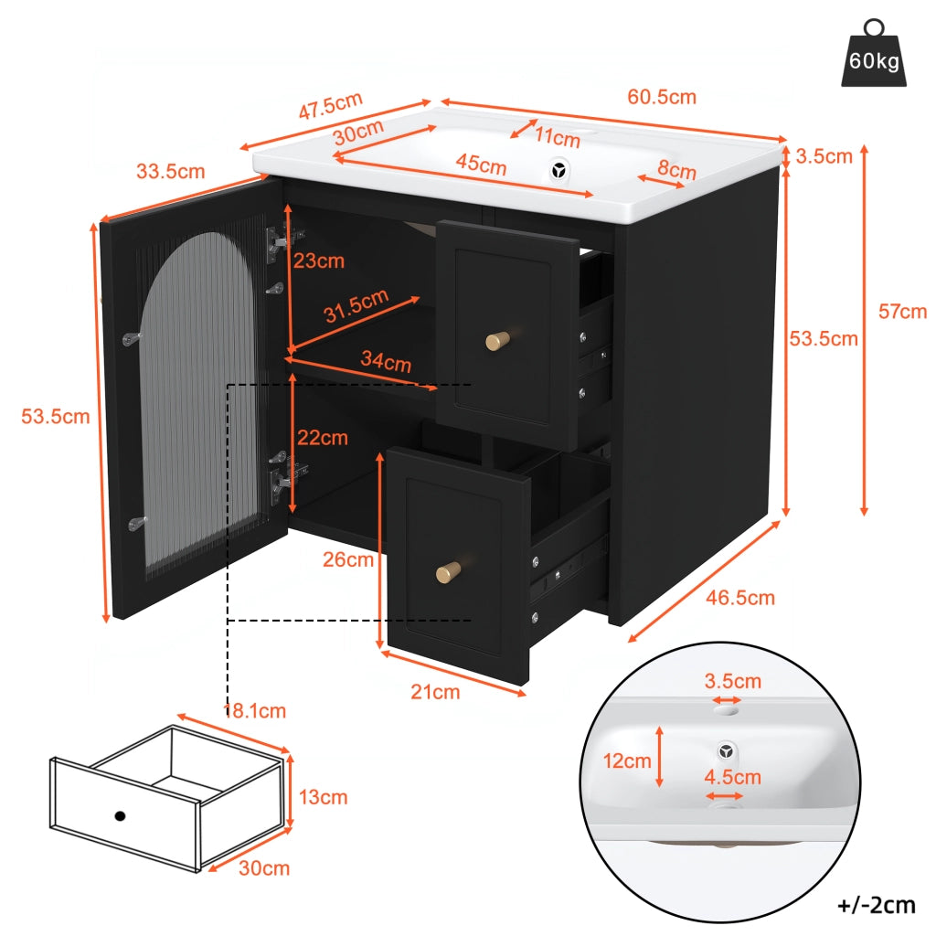 Mobile sottolavabo da bagno a parete con lavabo in ceramica LED anta in vetro rigato e chiusura soft close nero