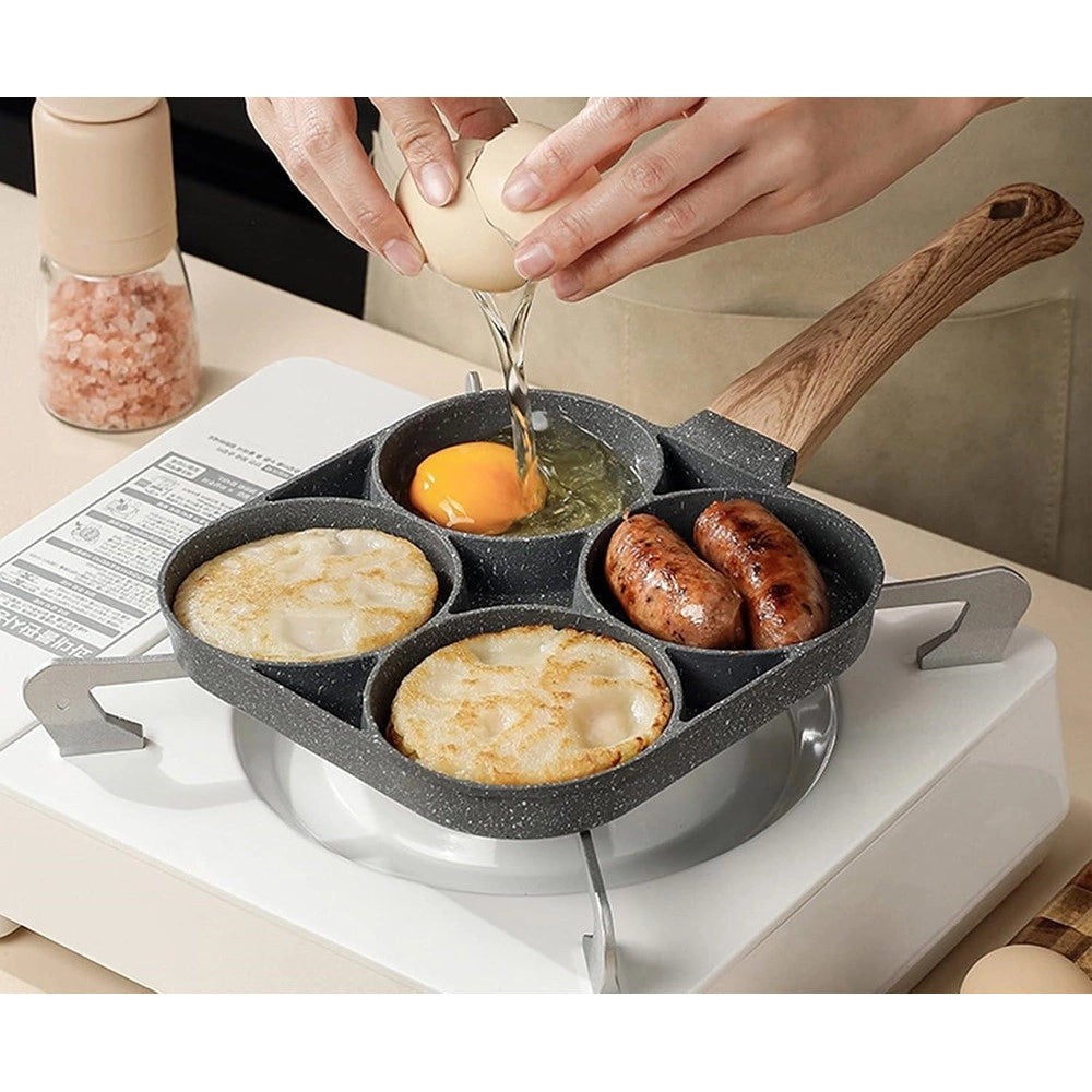 Trade Shop - Padella Antiaderente A 4 Fori Per Uova Pancake Manico In Legno Accessori Cucina 624386 -