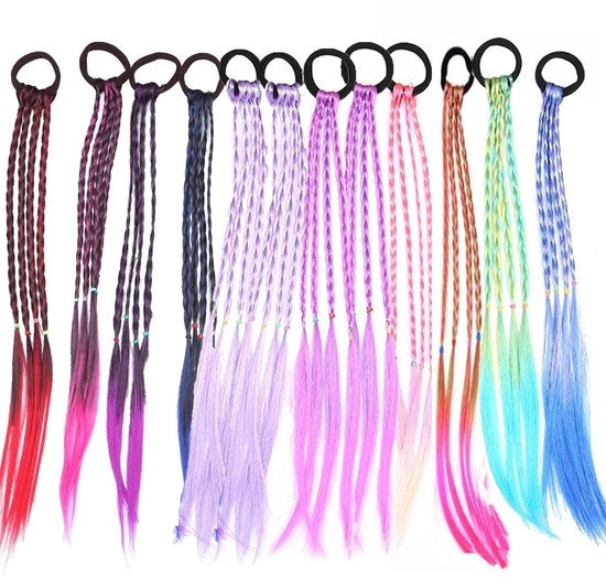 Accessori capelli colorati per bambini - 12 pezzi - Vlechtinsiemi elastico - Capelli artificiali leggeri e soffici - Ideali per feste