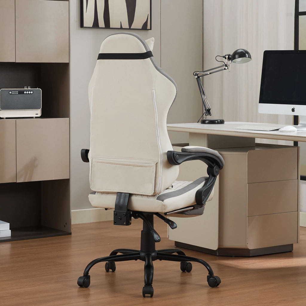 Sedia da gaming con schienale alto reclinabile e poggiapiedi, supporto lombare e braccioli imbottiti in PVC bianco e grigio