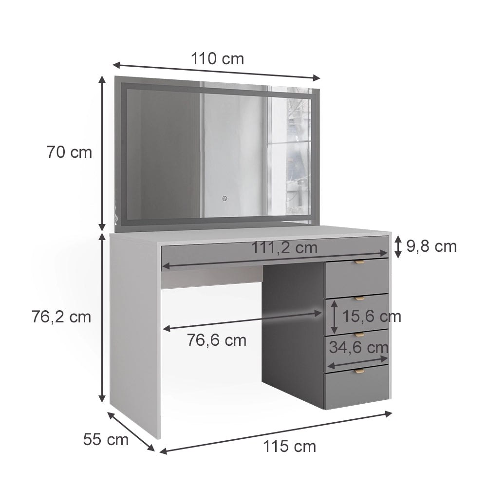 Vicco Tavolo da toeletta Bianco/grigio/grigio 115 cm con specchio a LED