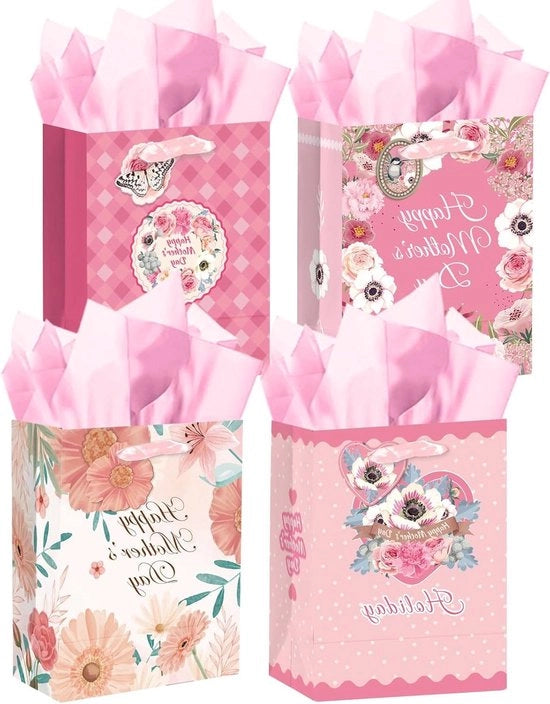 Set di 4 sacchetti di regalo medio grandi per la mamma con carta di carta per polvere - 19 x 10 x 22 cm.
