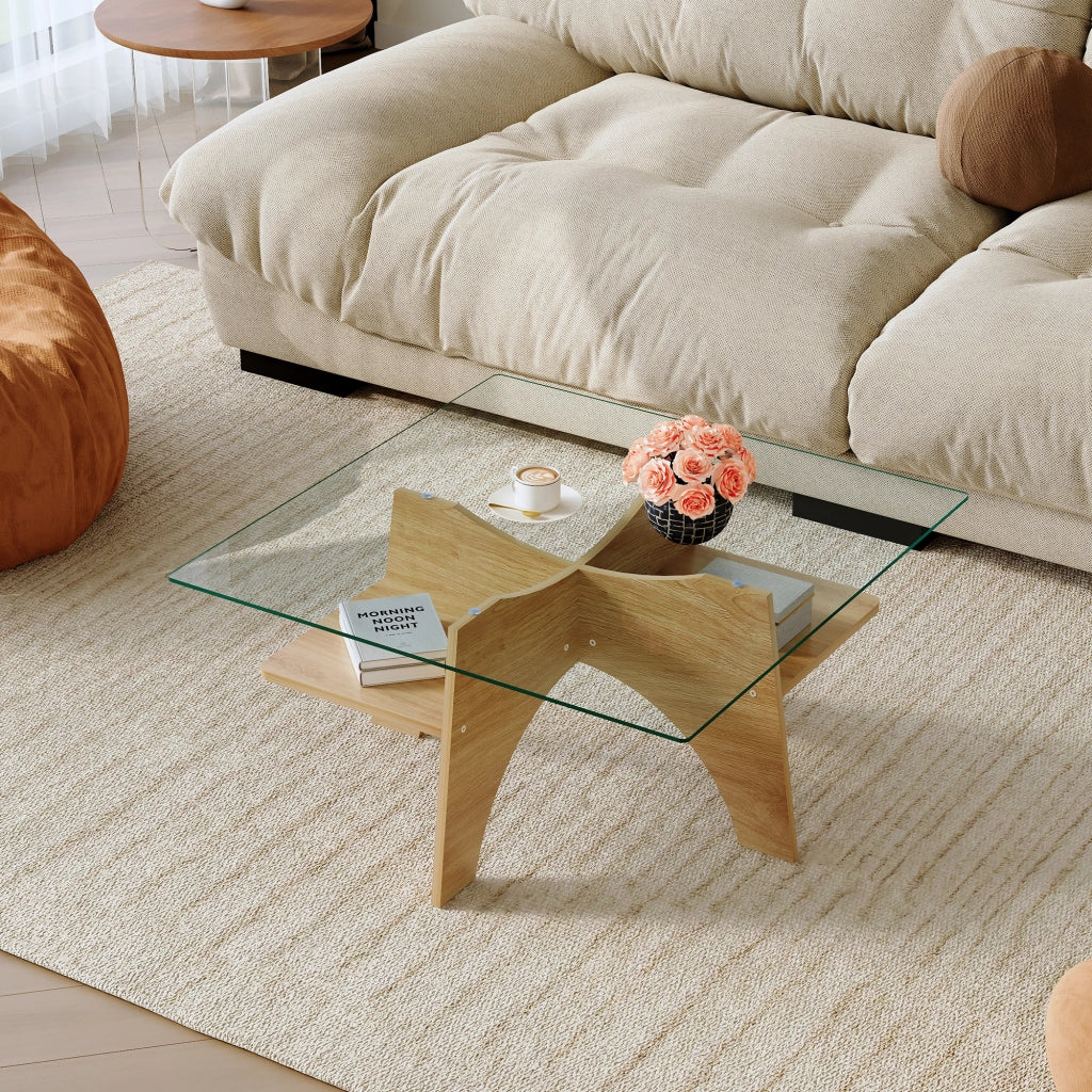 TAVOLINO Quadrato 80 cm Vetro temperato Trasparente e MDF Effetto legno chiaro