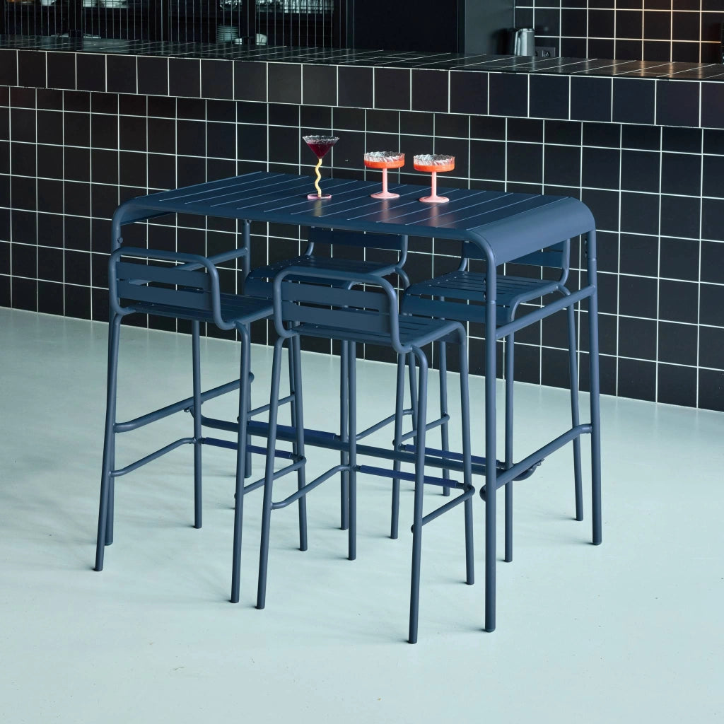 Set tavolo alto da giardino bistrot in acciaio con 4 sgabelli, 120cm,