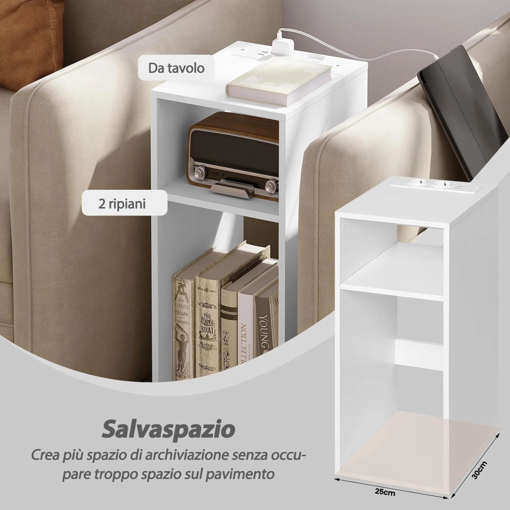 2 pezzi Comodino con Prese e Porte USB, Comodino per Camera da Letto Stretto, Comodino Salvaspazio con 2 Scomparti Aperti, per Soggiorno, Cameretta, in Legno, 25x30x60cm, NTS06ws