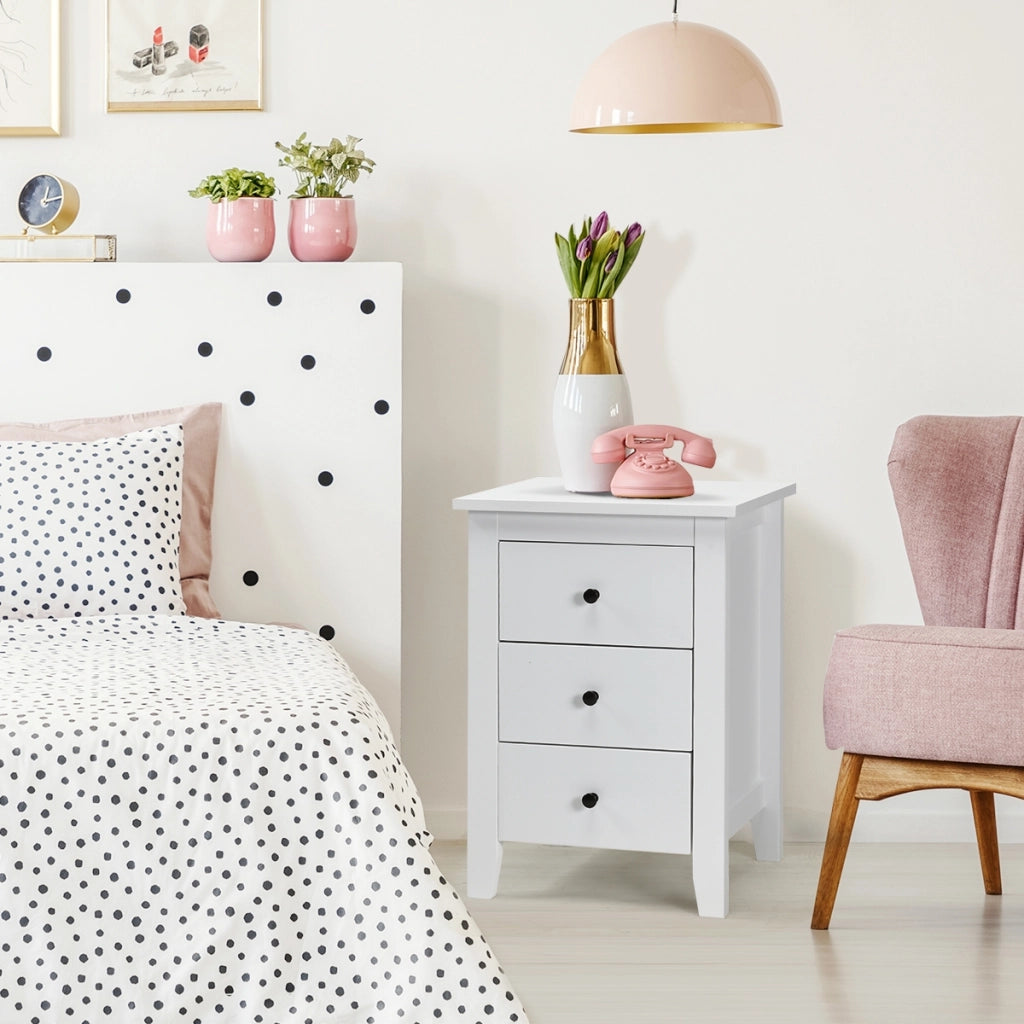 Comodino con 3 cassetti, Cassettiera moderna vicino al letto Bianco