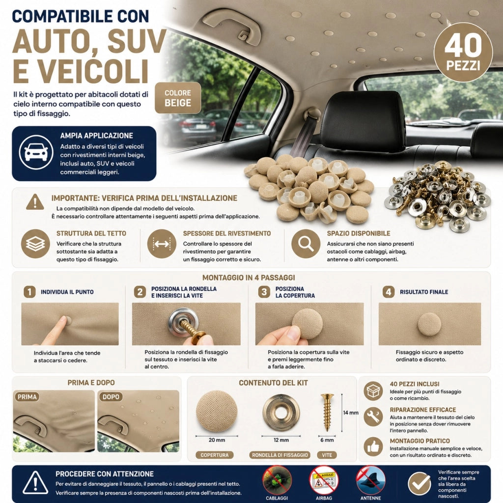 40 Viti Clip Riparazione Cielo Auto Beige Rivestimento Tetto 153321/15332