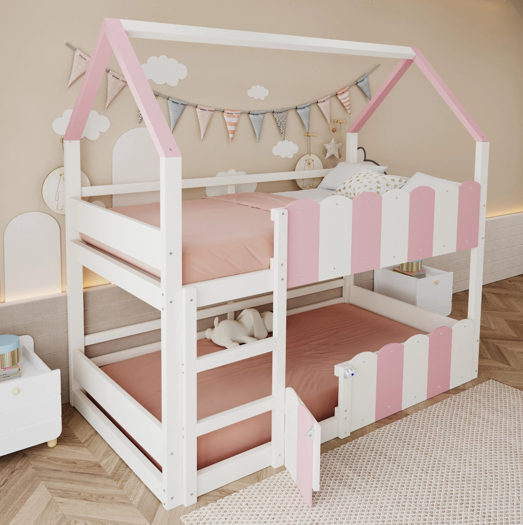 Letto a castello per bambini 90x200 cm a forma di casa rosa e bianco