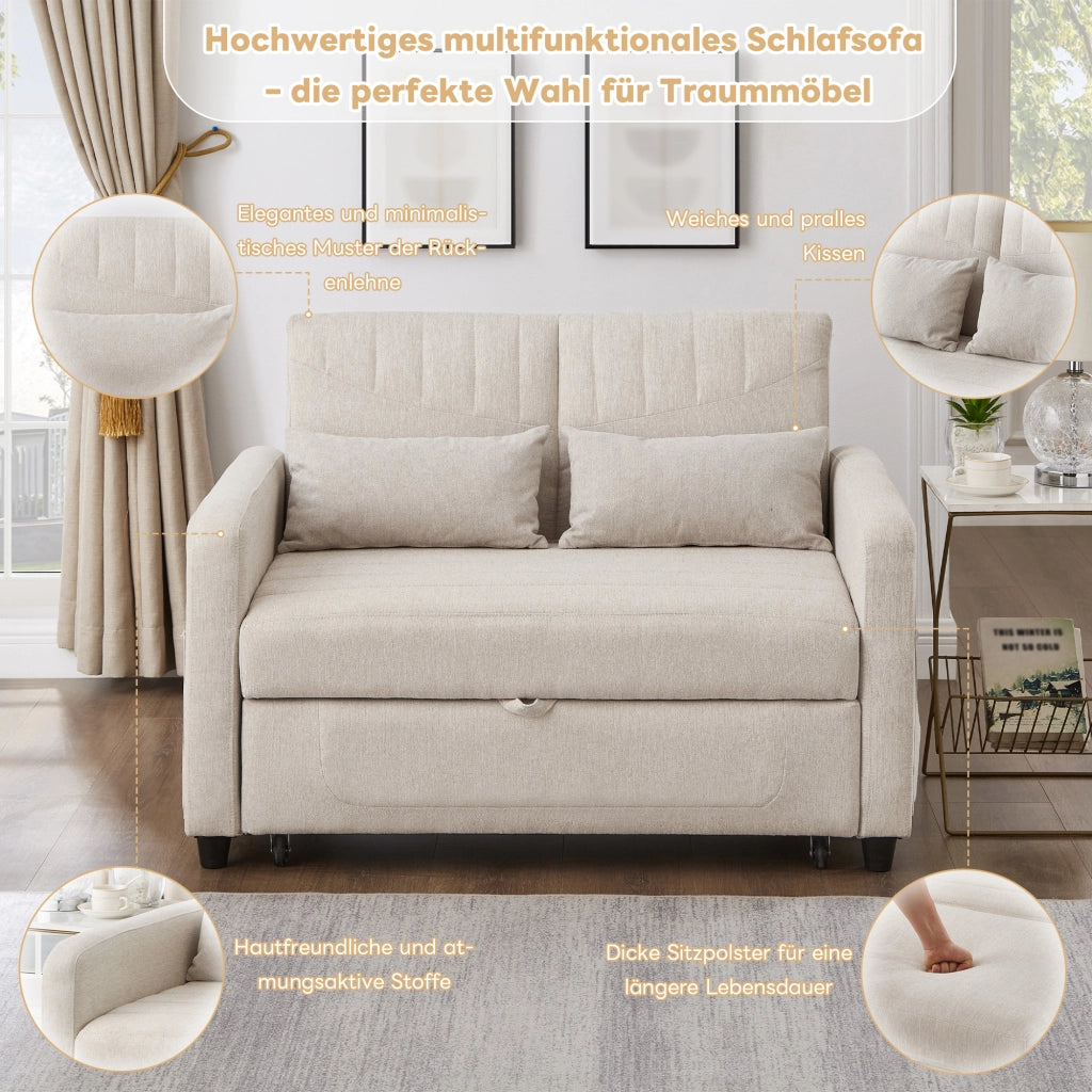Divano Letto 2 Posti Estraibile con Schienale Regolabile 3 Posizioni e Cuscini Design Salvaspazio Struttura Legno Metallo in Tessuto Beige