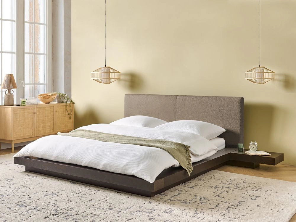 Letto matrimoniale con testata e comodini in legno scuro bouclé tortora 160 x 200 cm stile giapponese