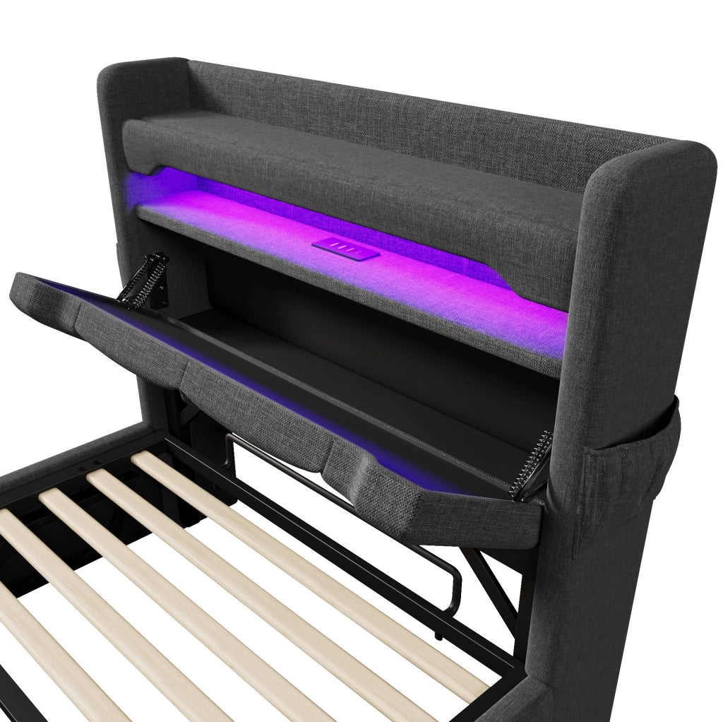 Letto singolo contenitore 90x200 cm con LED; USB e USB C; tessuto in lino grigio
