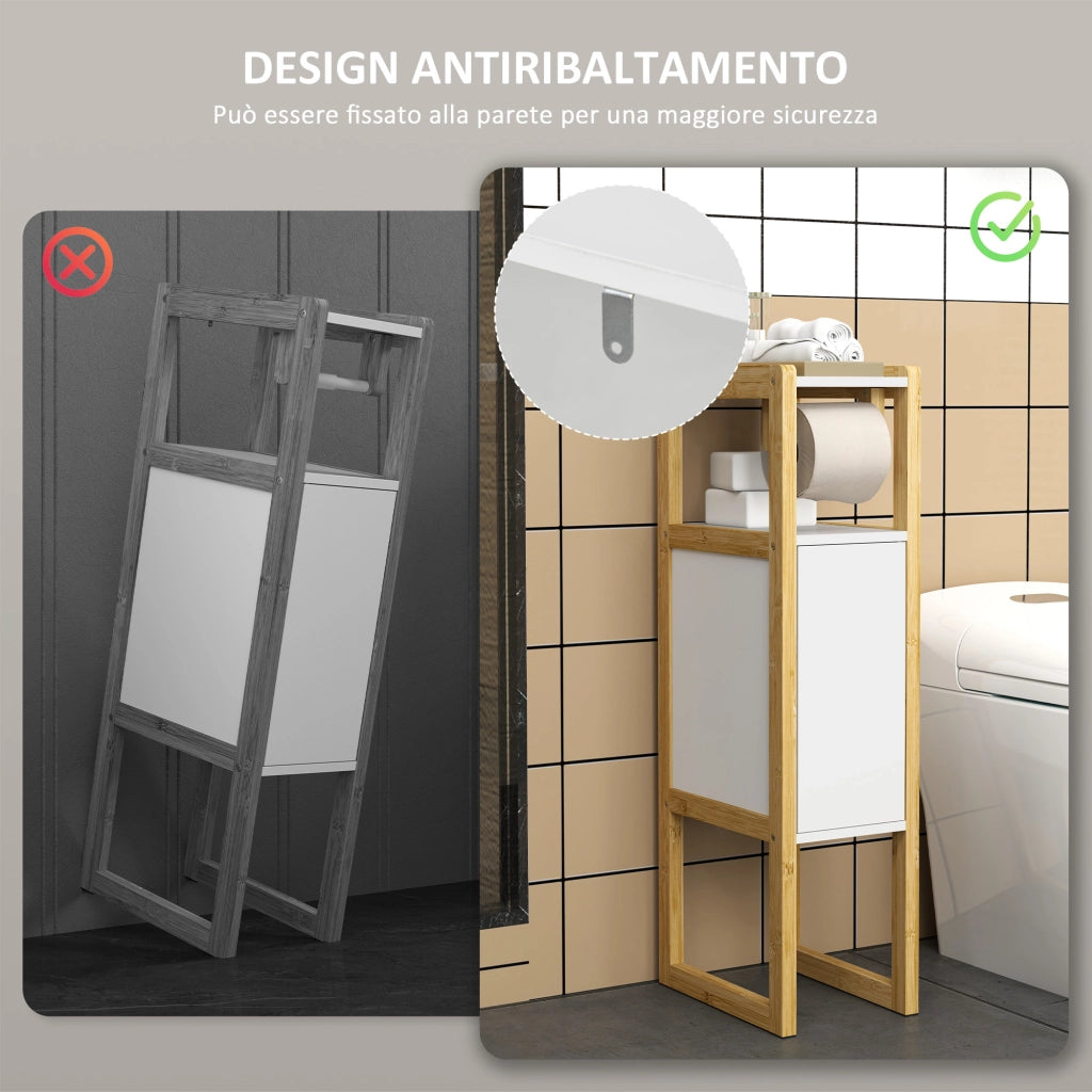 Mobile Bagno Salvaspazio con Porta Carta Igienica ¨C Zephmum ¨C Bianco 20x33x80cm in Bamb¨´