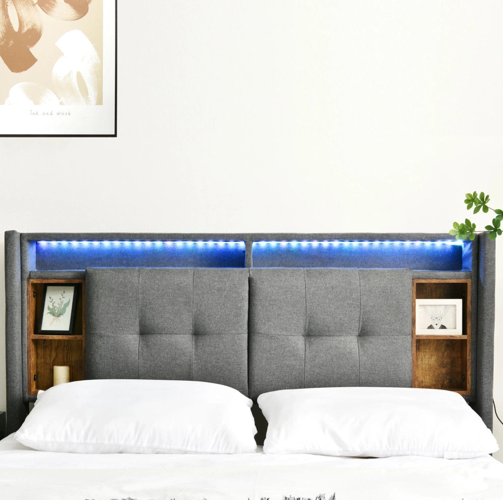 Letto imbottito con testiera contenitore, USB, prese e LED, 140x200 cm, grigio
