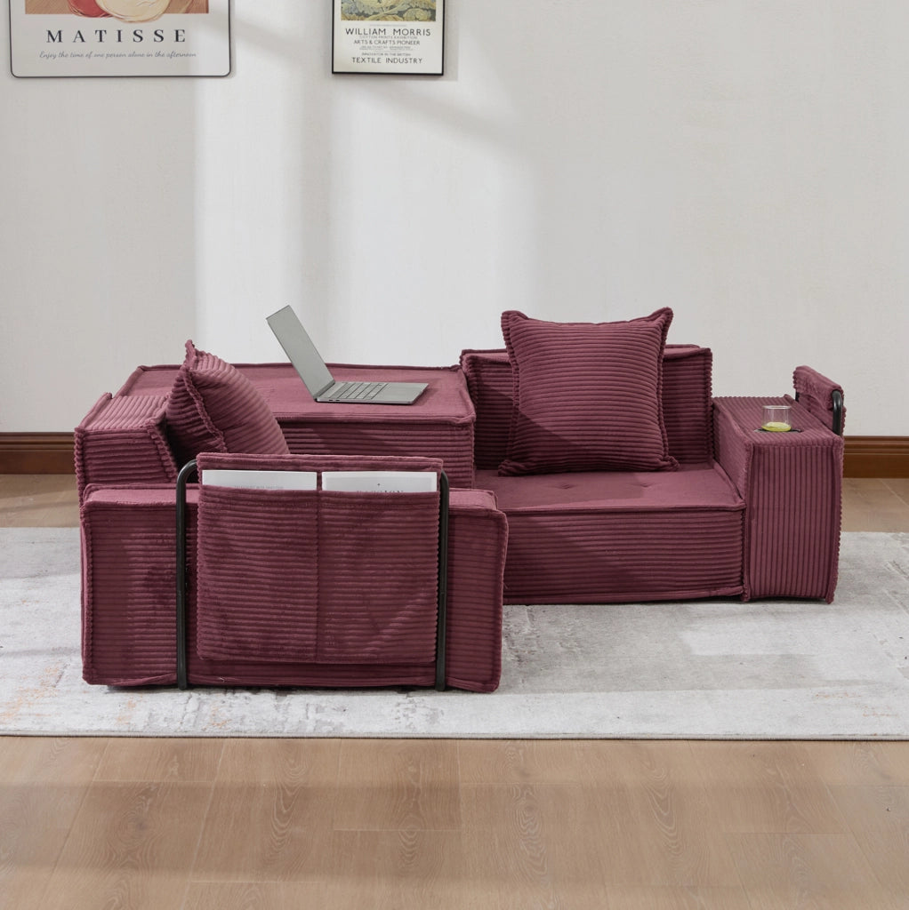 Pouf divano modulare in velluto a coste; 162x78x66 cm; rosso vino