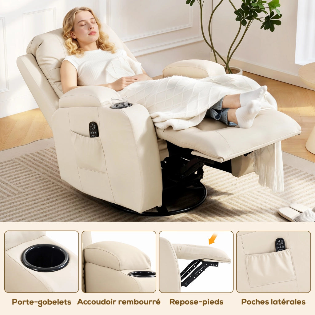 Poltrona relax massaggiante e riscaldante ¨C Xylo ¨C girevole 360¡ã, reclinabile, crema, 82x99x103cm