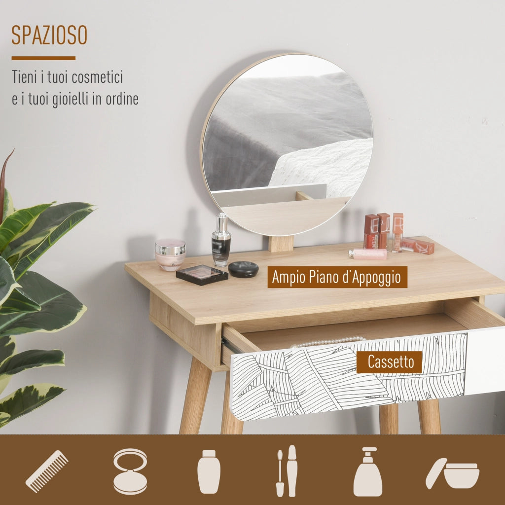 EasyComfort Postazione Trucco con Specchio Circolare Ф39cm, Toeletta Trucco con Cassetto con Decorazione Jungle, 70x39x119-128cm, Bianco e Rovere