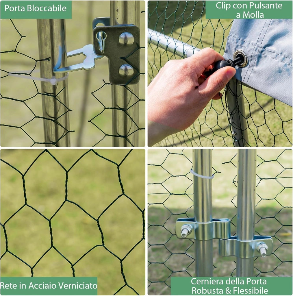 Pollaio per Galline da Esterno, Recinto per Polli in Metallo Zincato con Copertura in PE, Abitazione a Forma di Cupola per Anatre e Conigli per Cortile e Fattoria