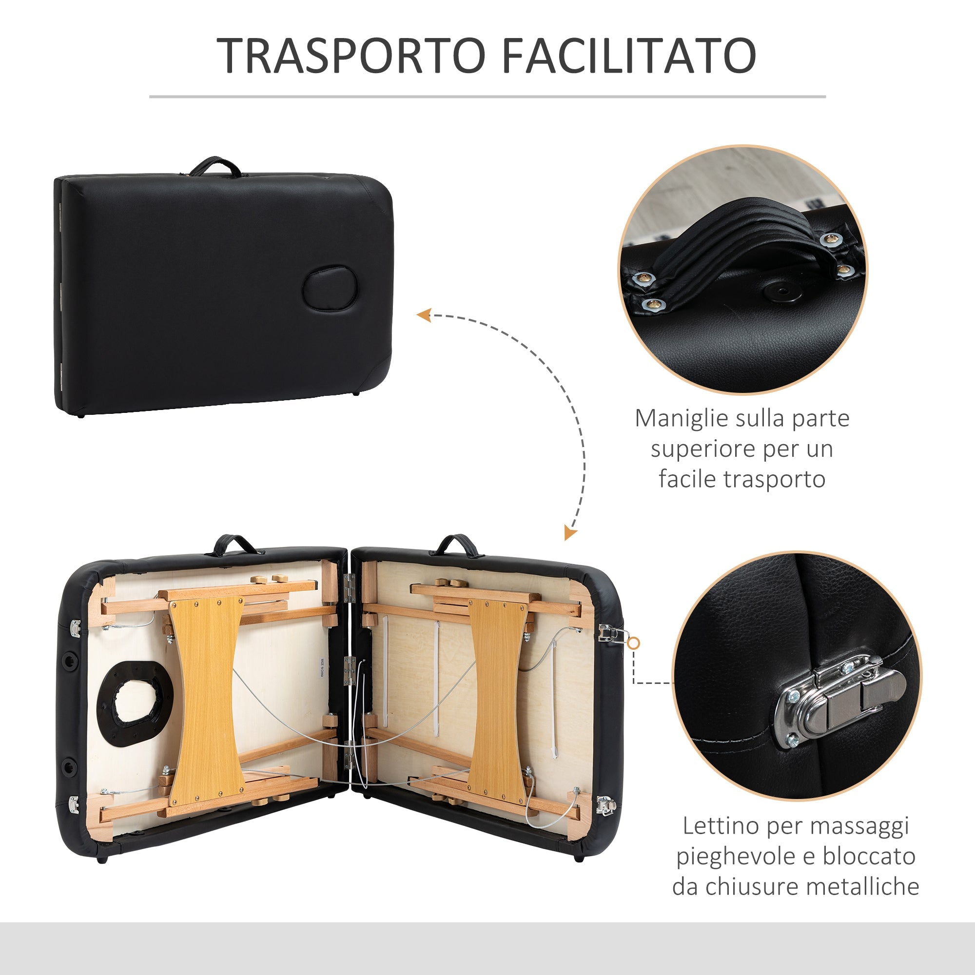 Lettino Massaggi Portatile Pieghevole 185x60x61-88 cm in Legno e Similpelle Nero