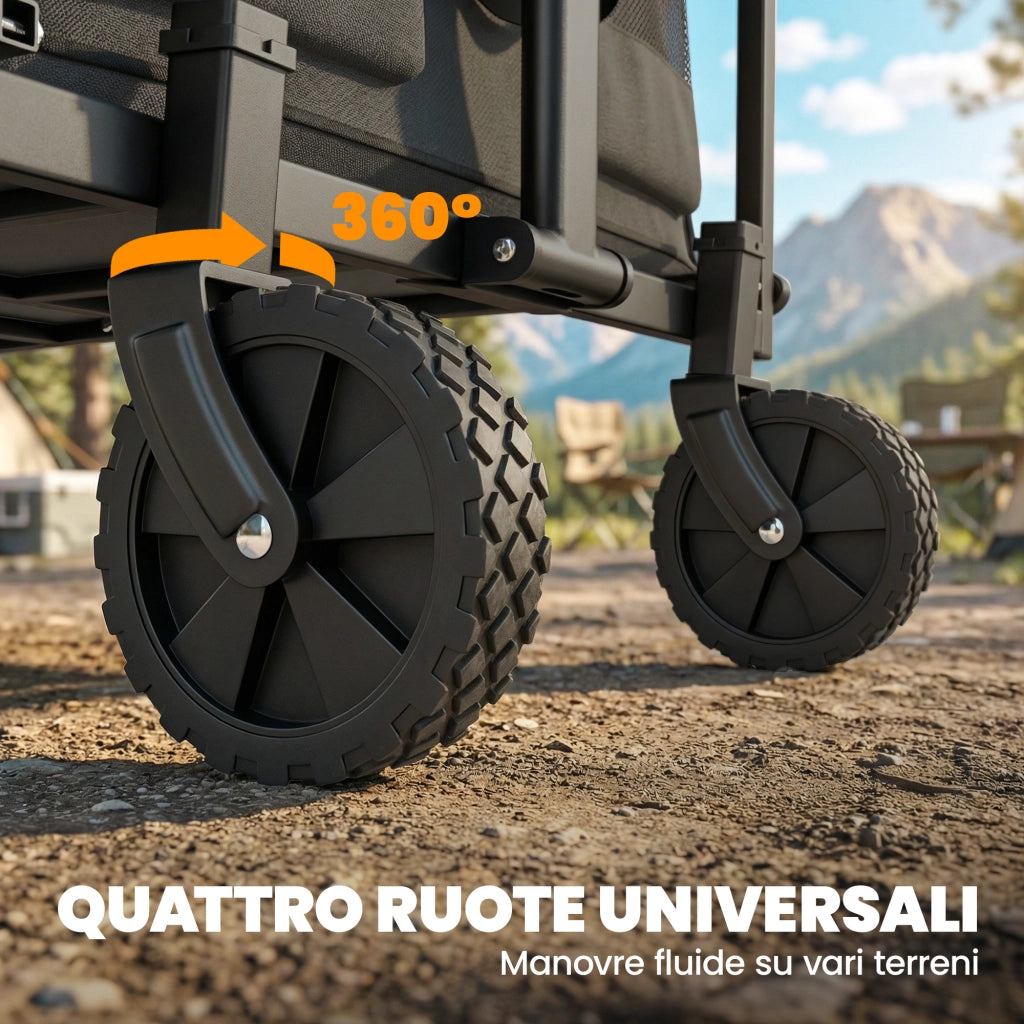 Carrello da esterno 114x46x92 cm Capacità 72L Pieghevole con Manico Regolabile in Acciaio e Tessuto Oxford Nero