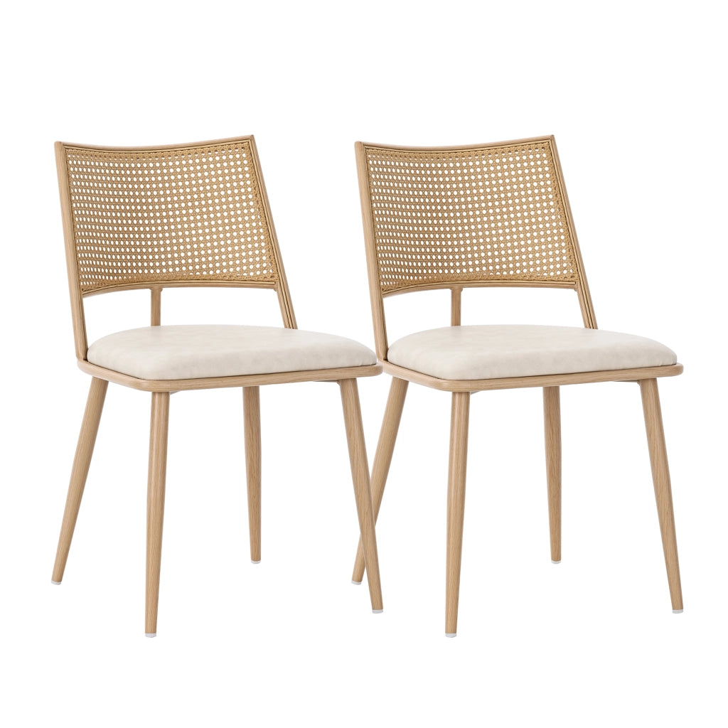 Sedia da sala da pranzo 2 pezzi con seduta in PU e schienale in rattan traspirante struttura in metallo beige