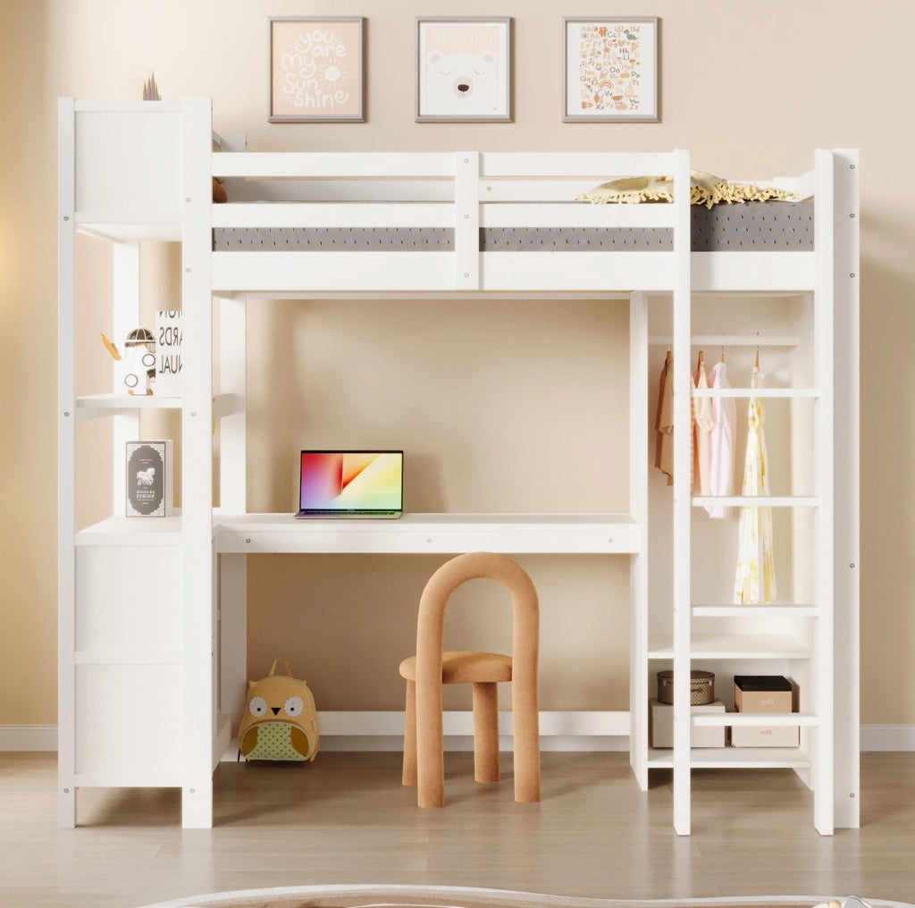 Letto a soppalco 90x200 cm con scrivania, armadio e ripiani