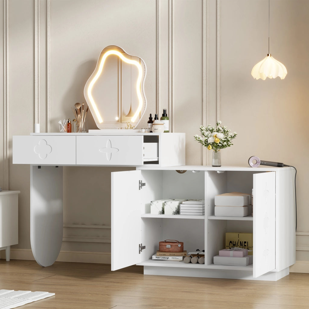 Tavolo da toeletta con specchio LED; temperatura luce regolabile 3 livelli; 2 cassetti e mobiletto con 4 scomparti; Bianco; 160×40×132cm