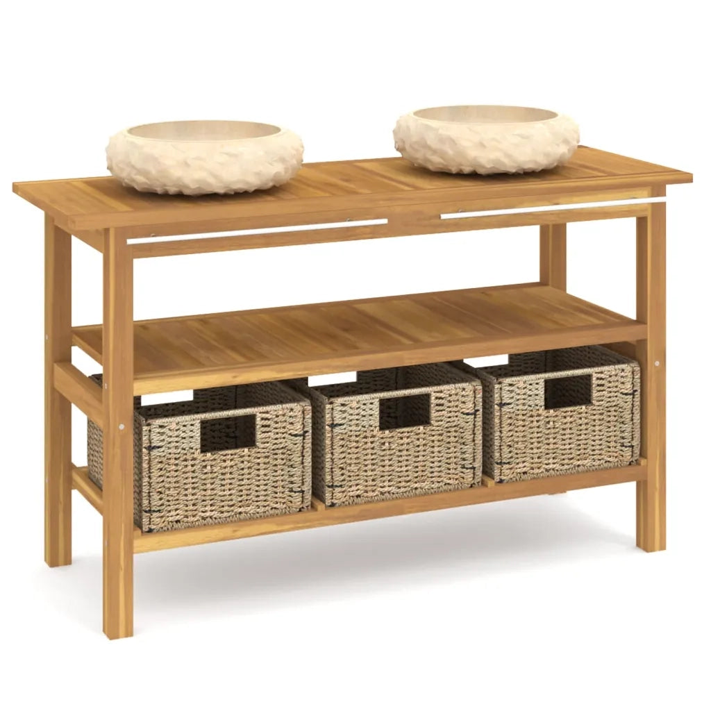 Mobile Vanità Bagno e Lavandini Marmo Crema Legno Massello Teak 3096589