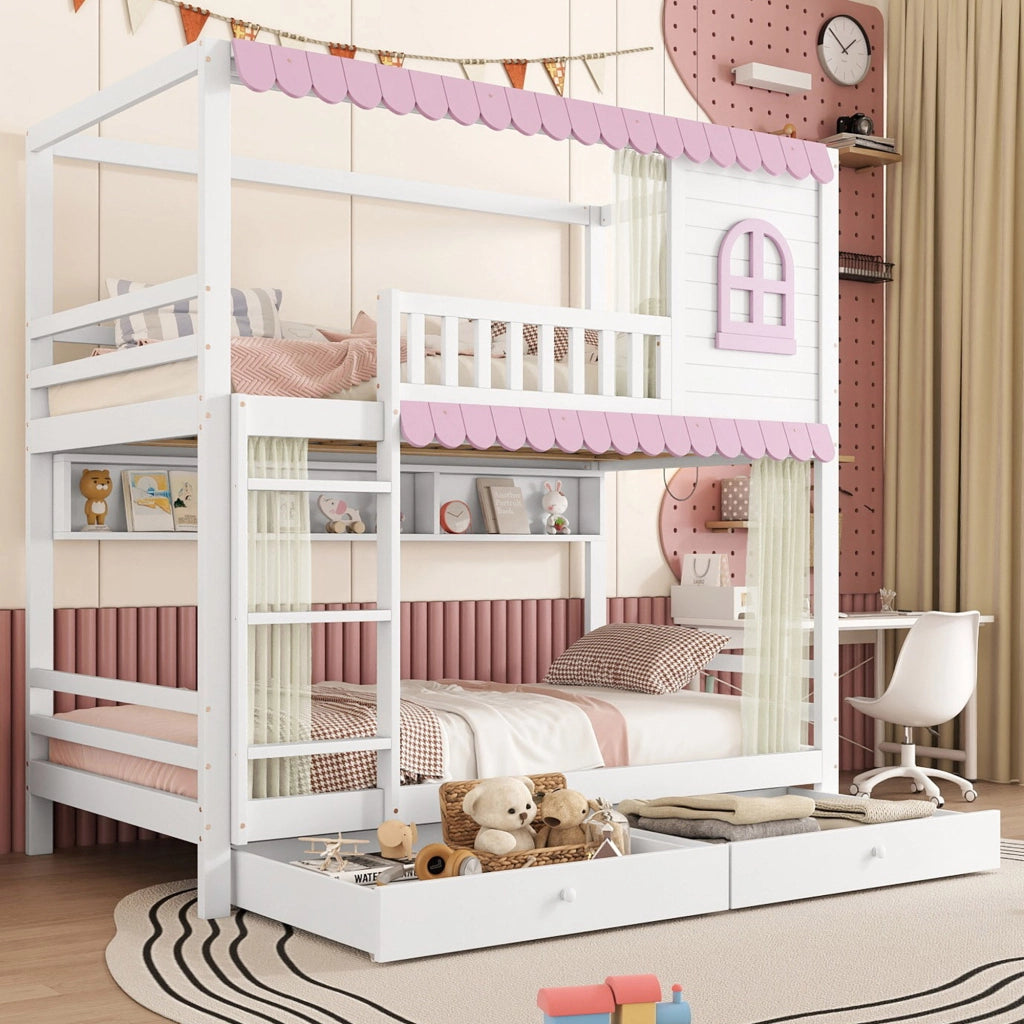 Letto a castello con protezione laterale in pino e MDF 90x200 cm