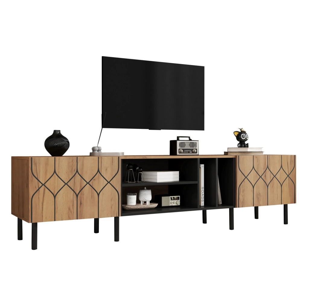 Mobile TV 180x40x50 cm con ante push-to-open; 4 ripiani aperti; truciolato e MDF; nero e naturale