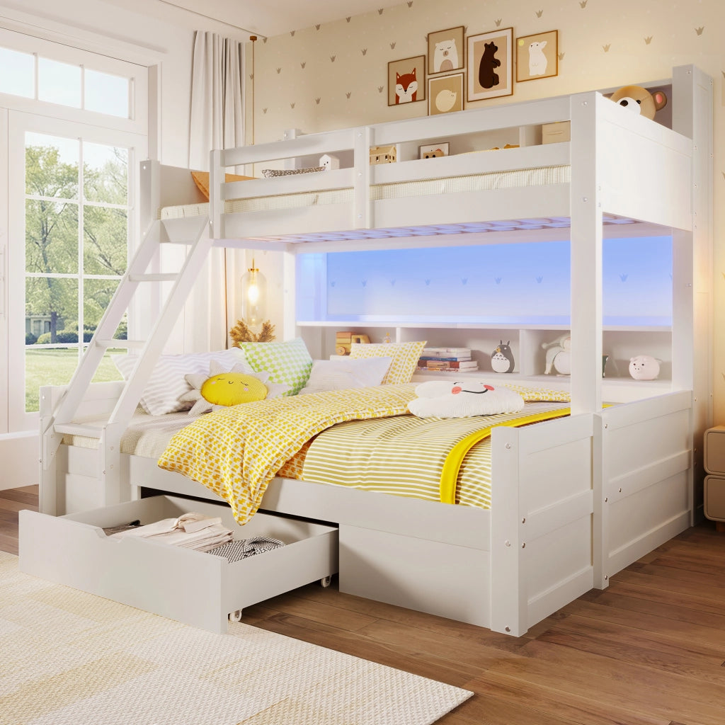Letto a Castello 90x200 cm e 140x200 cm; con Scala; LED; Ripiani Aperti e Cassetto; Bianco