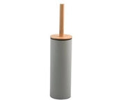 Toiletborstel con contenitore igienico in bambù con coperchio e testa di spazzola in silicone, taupe, acciaio, marrone, 9x39cm