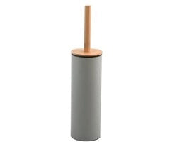 Toiletborstel con contenitore igienico in bambù con coperchio e testa di spazzola in silicone, taupe, acciaio, marrone, 9x39cm