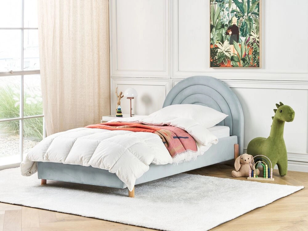 Letto con Contenitore in Velluto azzurro, Misura Singola 90 x 200 cm Design Minimalista Retro con Testiera a Mezza Luna