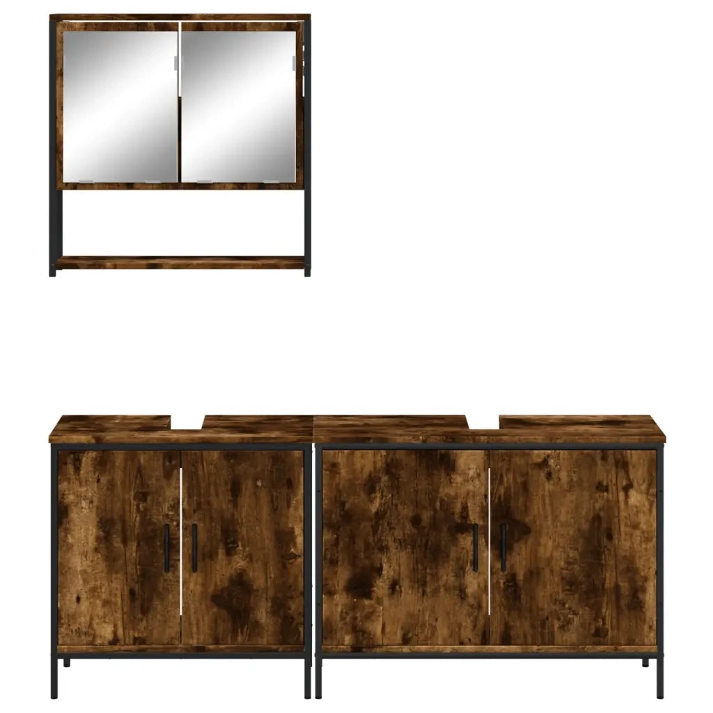 Set Mobili da Bagno 3 pz Rovere Fumo in Legno Multistrato