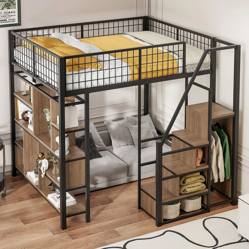 Letto a Soppalco Multifunzionale con Contenitore e Scala ¨C MINIMAL ¨C Metallo Nero 140x200