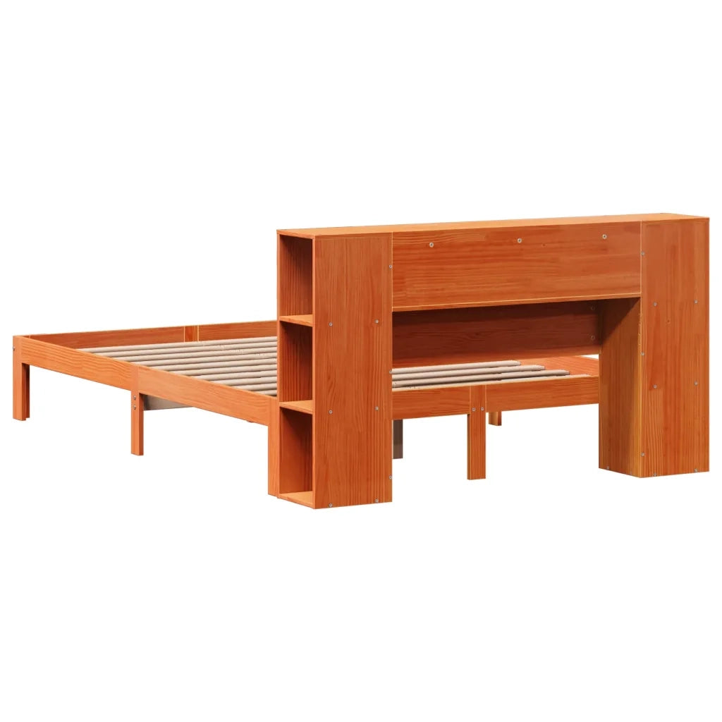 Letto Libreria senza Materasso-Struttura Letto con contenitore Marrone Cera 140x190 cm in Pino 920287