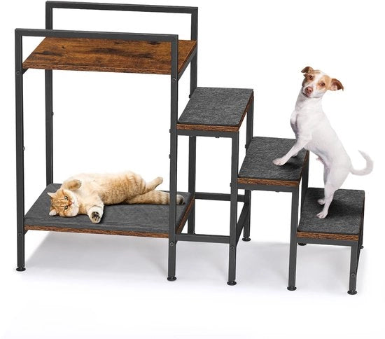 Trappola per cani per letto, Scalino per animali domestici di metallo e legno, 4 gradini, trappola per animali domestici per anziani gatti e piccoli cani, colore moka e nero, 33 x 85 x 63 cm