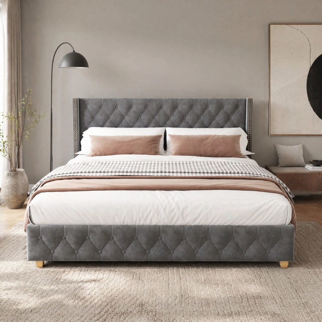 Letto imbottito 140x190 cm in velluto grigio con rete a doghe
