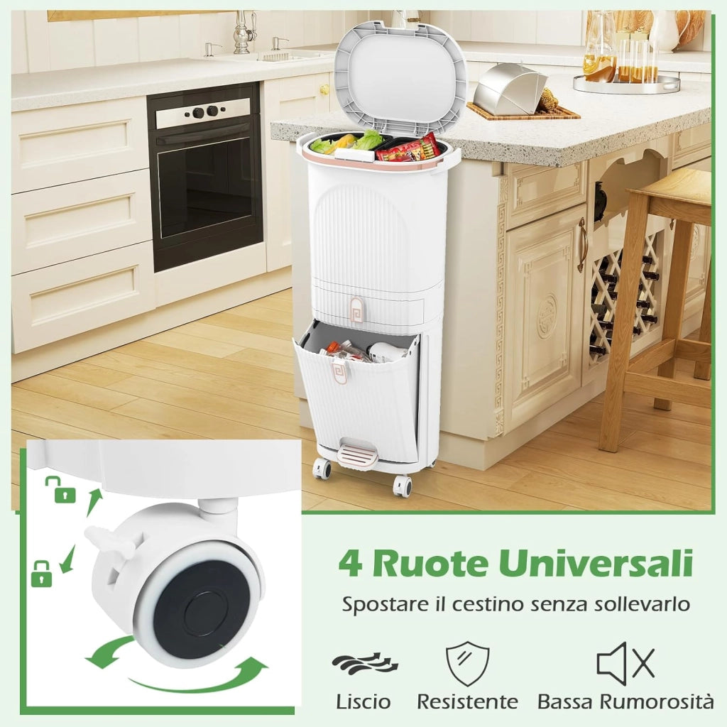 42 L（12+12+14+4 L） Pattumiera Differenziata, Secchio Spazzatura a 3 Scomparti con Cassetto e Coperchi, 2 Secchi Rimovibili Pedale e Ruote, Bidoni Differenziata per Bagno Cucina Ufficio