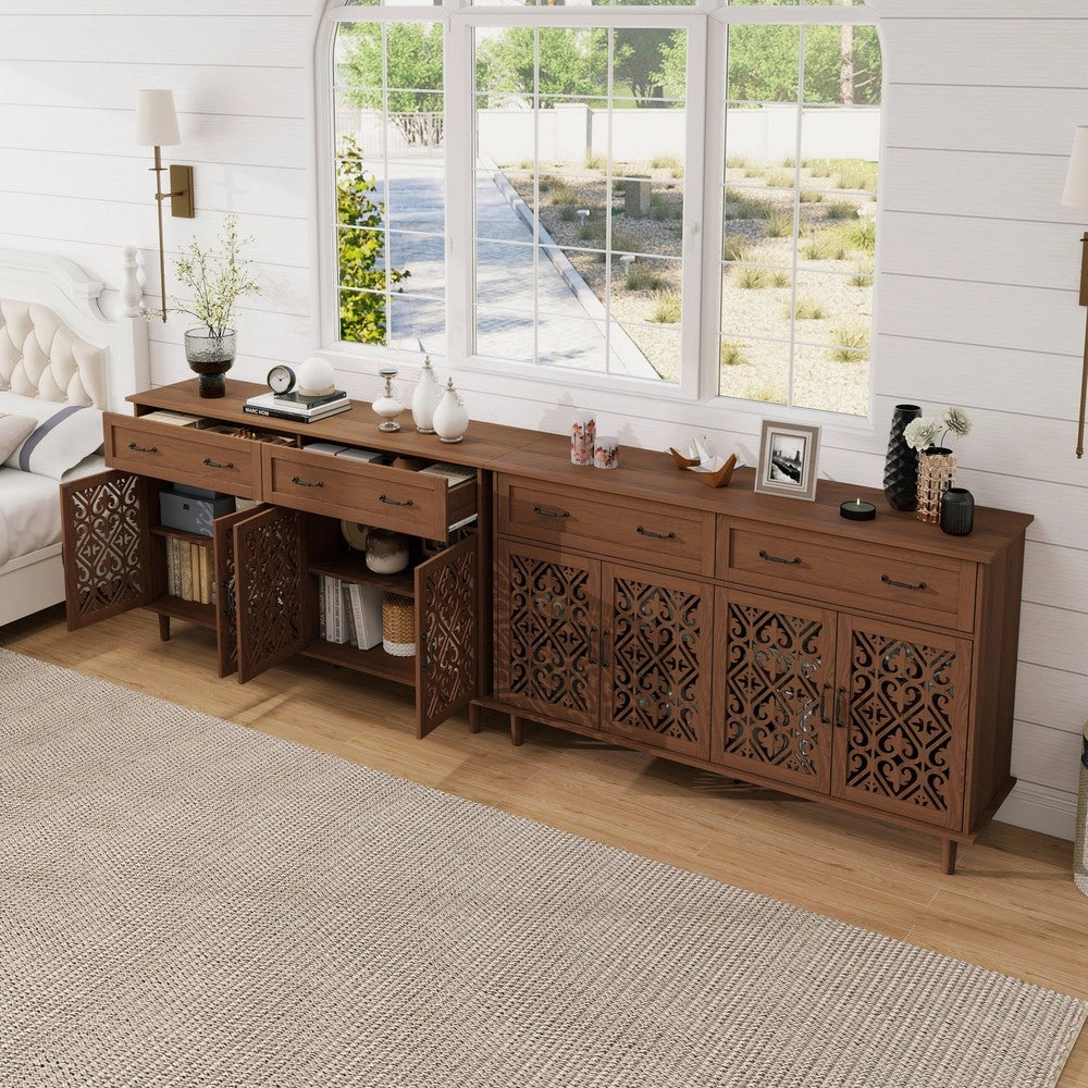 Credenza 4 Ante 2 Cassetti Massello Noce ¨C MINIMAL ¨C Design Retr¨° con Ripiani Regolabili