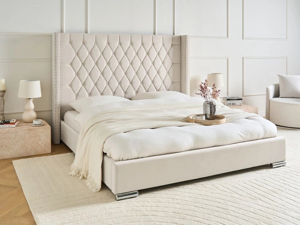 Letto con rete in velluto bottonato, elegante, bianco sporco, 180 x 200 cm