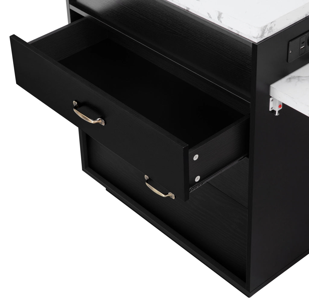 Tavolo estraibile 125.5x71x93 cm con LED; piano effetto marmo e ruote nascoste in MDF nero