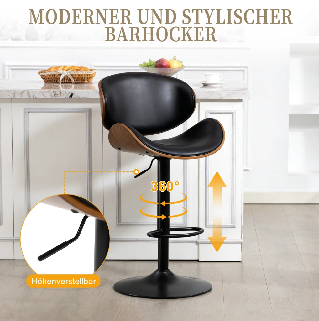 Sgabello da bar girevole 360° regolabile in altezza; in PU nero con schienale ergonomico
