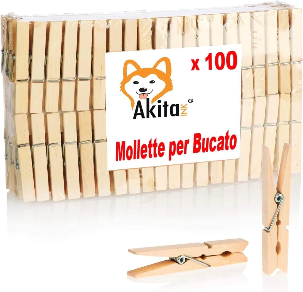 Mollette Legno Akitaink 100 Pezzi Bucato 10 cm