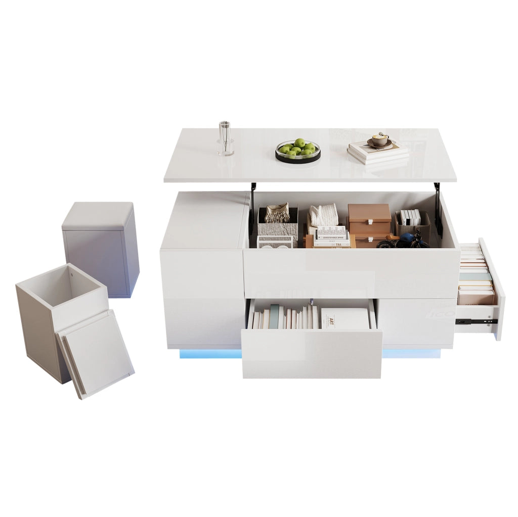 Tavolino da salotto sollevabile con LED, 2 cassetti e 2 pouf contenitore