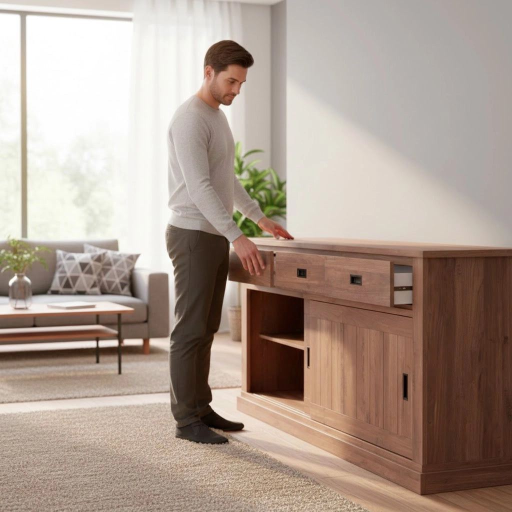 Credenza Per Soggiorno Con 3 Cassetti 2 Ante Scorrevoli E 4 Ripiani Interni Mobile Buffet Madia Per Cucina E Zona Living Design Classico Moderno 220 X 50 X 95 Cm Noce