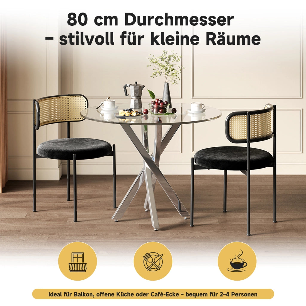Tavolo da pranzo per 2-4 persone con piano in vetro temperato e gambe in metallo, design moderno, argento, 80 × 80 × 75 cm