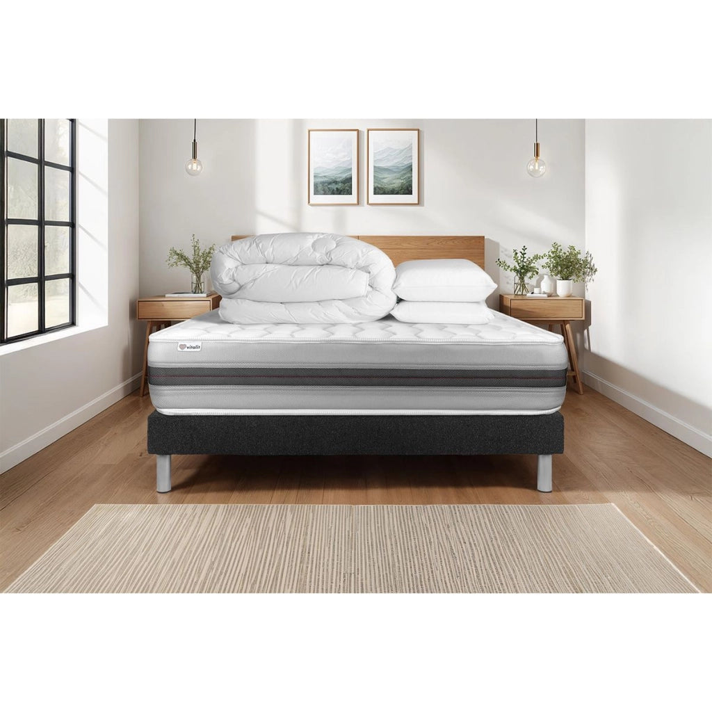 Pacchetto letto completo - Materasso 140x190cm + Box spring con doghe (in kit) + 2 guanciali + Piumino - Vitalspring Recover